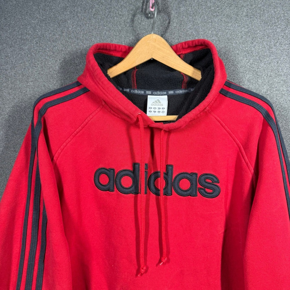 adidas Red Hoodie Size L Black 3 Stripe Pullover Sweatshirt Retro Y2K Streetwear